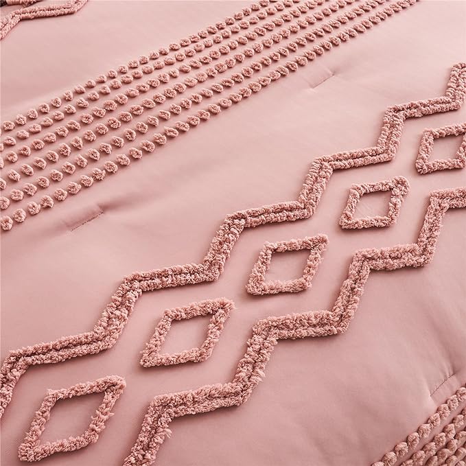 KAKIJUMN Blush Pink Tufted Comforter Set King Size 7 Piece Bed in a Bag, Shabby Chic Boho Comforter and Sheet Set, All Season Soft Microfiber Complete Bedding Set(Pink,King) - LeafyLoom