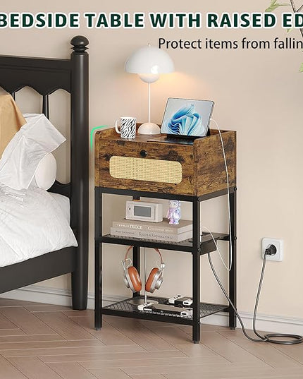 Night Stand set 2, Side Table with Rattan Drawer, Nightstand with Charging Station, Industrial Bedside Table with 3-Tier Storage, Rustic Brown JET003CSR2 - LeafyLoom
