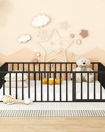 RITSU Queen Size Metal Floor Fence Bed, Montessori Bedframe, with Safety Guardrail and Door, for Children Bedroom, Boys Girls, Apartment, Strong & Durable, Easy to Assemble, Black - LeafyLoom