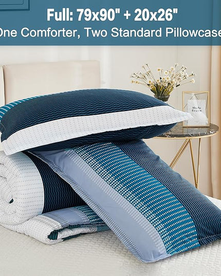Litanika Navy Blue Comforter Full Size Set, 3 Pieces Bedding Set, Blue White Colorblock Stripe (79x90In Comforter & 2 Pillowcases) - LeafyLoom