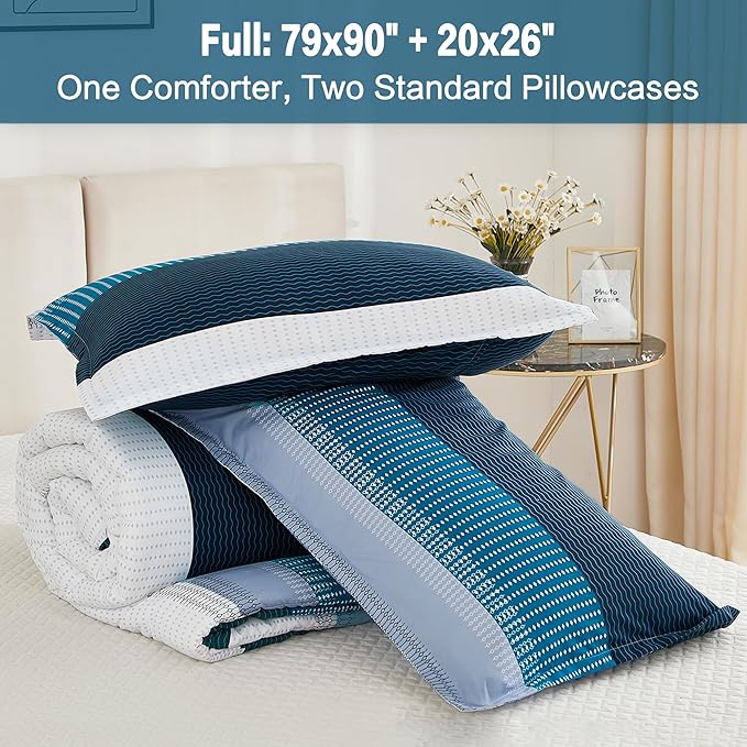 Litanika Navy Blue Comforter Full Size Set, 3 Pieces Bedding Set, Blue White Colorblock Stripe (79x90In Comforter & 2 Pillowcases) - LeafyLoom