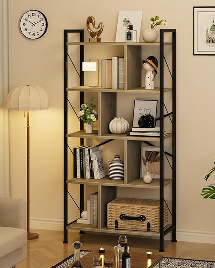 5 Tier Bookshelf with Storage, 61 Inch Tall Industrial Book Shelf with Open Display Bookshelves, 5 Shelf Bookcase with Metal Frame for Living Room, Bedroom and Home Office-Grey - LeafyLoom