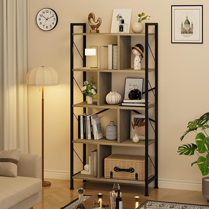 5 Tier Bookshelf with Storage, 61 Inch Tall Industrial Book Shelf with Open Display Bookshelves, 5 Shelf Bookcase with Metal Frame for Living Room, Bedroom and Home Office-Grey - LeafyLoom