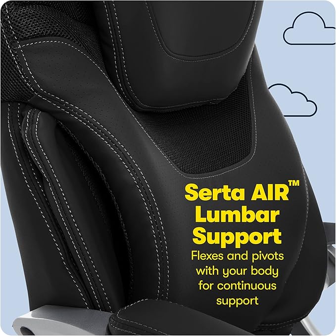 Serta Bryce Executive Office Chair, Ergonomic Computer DeskChair with Patented AIR Lumbar Technology, Comfortable Layered Body Pillows for Cushioning, SertaQuality Foam, Bonded Leather, Black - LeafyLoom