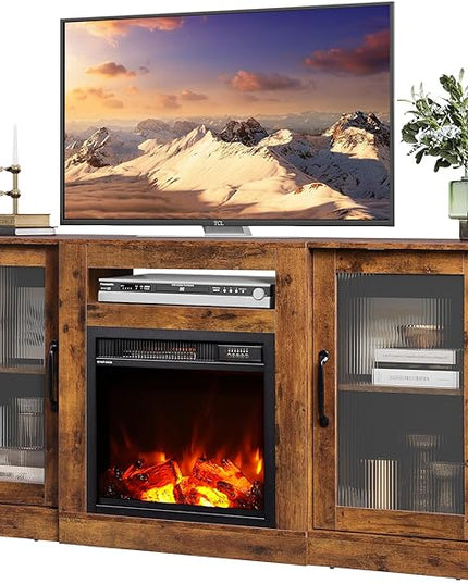 WLIVE Fireplace TV Stand for 65" TV, Entertainment Center with 18 Inch Electric Fireplace, TV Console with Open Shelves for Living Room and Bedroom, Rustic Brown - LeafyLoom