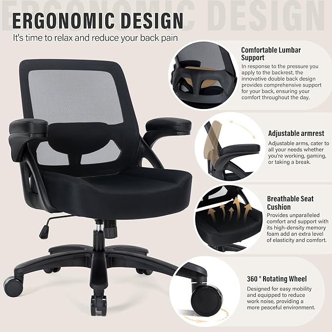 Big and Tall Office Chair 400lb- Mesh Ergonomic Heavy Duty Desk Chair- Flip Arms, Plus Size Wide Seat Executive Computer Chair for Large People- Home Office Swivel Rolling Task Chairs - LeafyLoom
