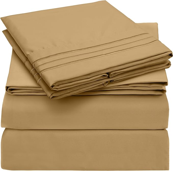 Mellanni California King Sheets Set - 4 PC Iconic Collection Bedding Sheets & Pillowcases - Hotel Luxury, Extra Soft, Cooling Bed Sheets - Deep Pocket up to 16 inch (Cal King, Gold) - LeafyLoom