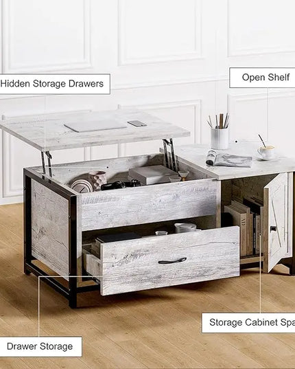 FABATO 41.7" Lift Top Coffee Table with Storage Drawer& Hidden Compartment Barn Door Cabinet Center Console Table for Living Room Farmhouse Industrial Wood (Gray) - LeafyLoom