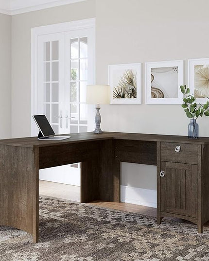 Bush Furniture Salinas L-Shaped Desk with Storage | Study Table with Drawers & Cabinets | Home Office Computer Desk in Ash Brown - LeafyLoom