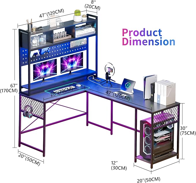Lvifur 67” L Shaped Desk with Wireless Charging Station,24-Color RGB Dimmable Computer Desk with Pegboard,Gaming Desk with Monitor Stand, Display Stand,Human Sensor Lights for Home Office - LeafyLoom
