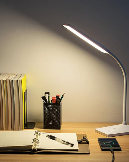 RAOYI LED Desk Lamp, 12W Dimmable Table Lamp Eye-Caring Reading Light with USB Charging Port Touch Control 5 Color Modes 6-Level Brightness Adjustable for Office Home Bedroom (White) - LeafyLoom