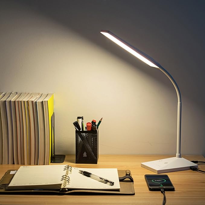 RAOYI LED Desk Lamp, 12W Dimmable Table Lamp Eye-Caring Reading Light with USB Charging Port Touch Control 5 Color Modes 6-Level Brightness Adjustable for Office Home Bedroom (White) - LeafyLoom