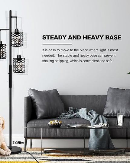 Dimmable Floor Lamp, Industrial Standing Floor lamp for Living Room, Tall Farmhouse Rustic lamp with 3 LED Bulbs, Tree Floor Lamp for Bedrooms, Living Room, Home Office, Metal, Black, 68" - LeafyLoom