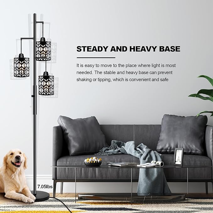 Dimmable Floor Lamp, Industrial Standing Floor lamp for Living Room, Tall Farmhouse Rustic lamp with 3 LED Bulbs, Tree Floor Lamp for Bedrooms, Living Room, Home Office, Metal, Black, 68" - LeafyLoom
