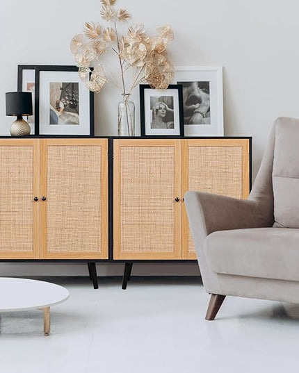 Sideboard Buffet Cabinet,Accent Kithchen Storage Cabinet with Rattan Doors,Wood Cupboard Console Table with Adjustable Shelves for Living Room, Black - LeafyLoom
