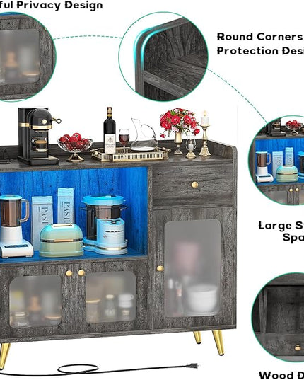 Cyclysio Sideboard Buffet Cabinet with Power Outlet, Kitchen Cabinet with LED Lights, Large Bar Cart Accent Buffet Cabinet with Door for Bedroom, Living Room, Kitchen, Hallway, Grey - LeafyLoom