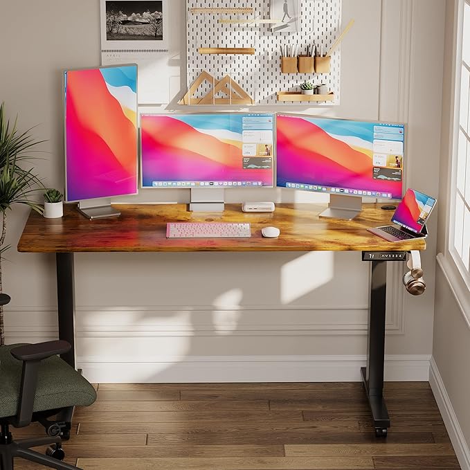 Electric Standing Desk 60 Inch, Ergonomic Height Adjustable Table with T-Shaped Metal Bracket Modern Computer Workstations for Home Office, Rustic Brown - LeafyLoom