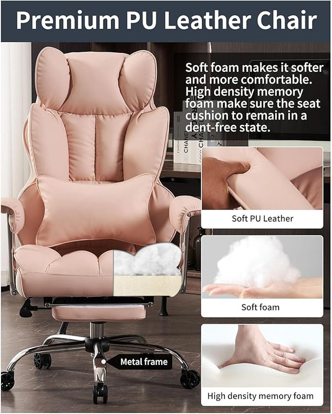 Desk Office Chair 400LBS, Big and Tall Office Chair, PU Leather Computer Chair, Executive Office Chair with Leg Rest, Light Pink Office Chair - LeafyLoom