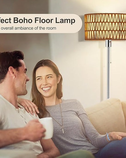 Rattan Floor Lamp for Living Room, Boho Standing Lamp with 3 Color Temperatures, Farmhouse Floor Lamp Wicker Lamp Double Shades, Bohemian Floor Lamps for Bedroom, Office(Chrome) - LeafyLoom