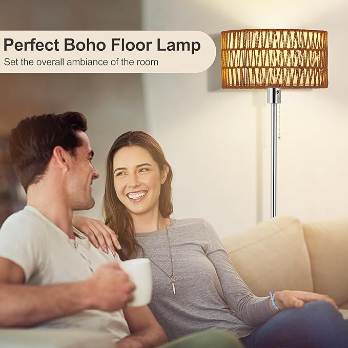 Rattan Floor Lamp for Living Room, Boho Standing Lamp with 3 Color Temperatures, Farmhouse Floor Lamp Wicker Lamp Double Shades, Bohemian Floor Lamps for Bedroom, Office(Chrome) - LeafyLoom