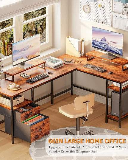 Furologee 66" L Shaped Computer Desk with Shelves, Reversible Corner Gaming Desk with File Drawer and Dual Monitor Stand, Large Home Office Desk Writing Study Table Workstation, Rustic Brown - LeafyLoom