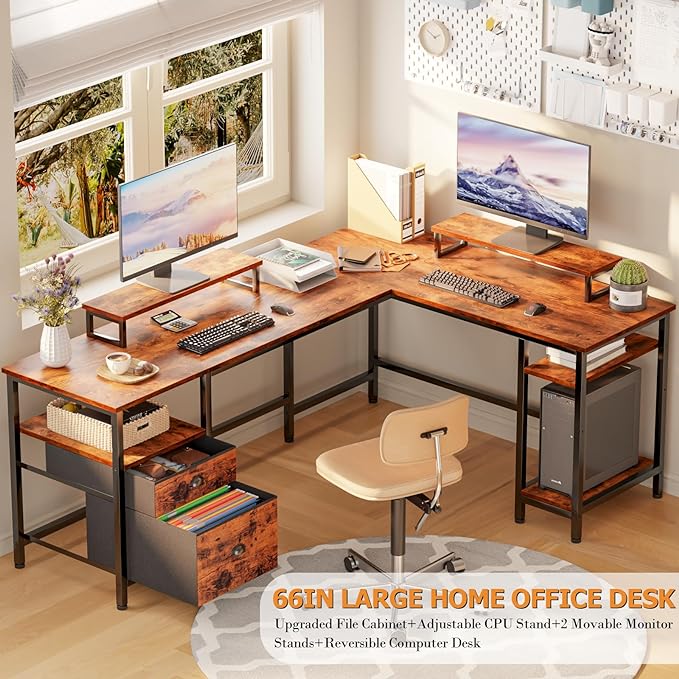 Furologee 66" L Shaped Computer Desk with Shelves, Reversible Corner Gaming Desk with File Drawer and Dual Monitor Stand, Large Home Office Desk Writing Study Table Workstation, Rustic Brown - LeafyLoom