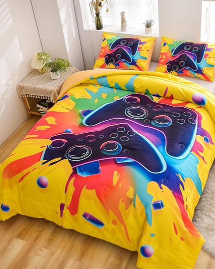 Aimuan Gamer Gaming Bedding Sets 3D Gamepad Comforter Sets for Boys Games Console Action Buttons Novelty Colorful Game Controller Modern Room Decor Home Quilt Set (Queen, Yellow) - LeafyLoom