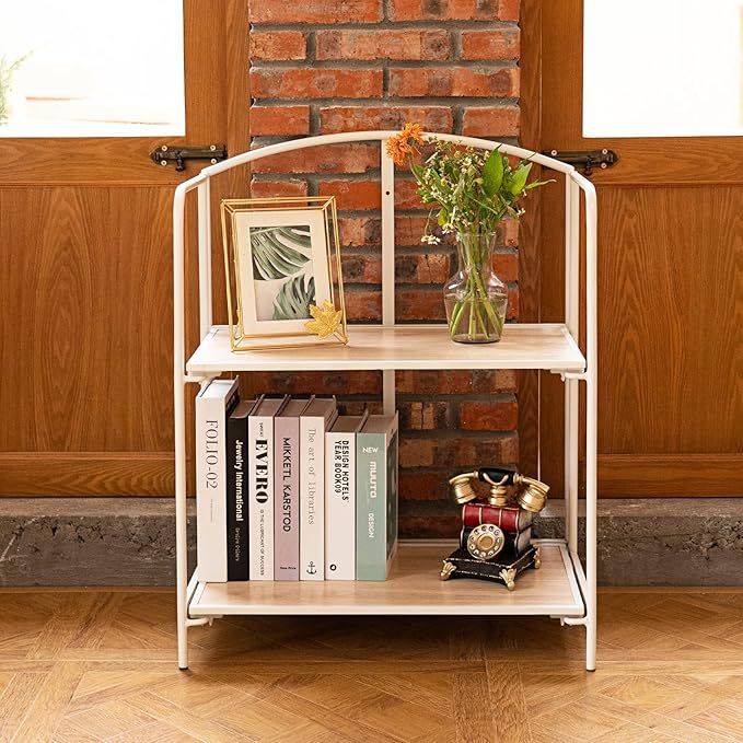 No Assembly Folding Bookshelf for Living Room, 2 Tier White Collapsible Book Shelf for Home Office, Portable Bookcase Storage Organizer - LeafyLoom