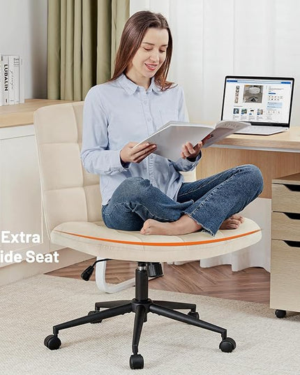 Furniliving Home Office Desk Chair with Wheels,Criss Cross Legged Wide Chair Armless Height Adjustable Chair with Mid Back Swivel Accent Vanity Chairs,Linen-Beige - LeafyLoom