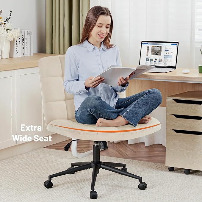 Furniliving Home Office Desk Chair with Wheels,Criss Cross Legged Wide Chair Armless Height Adjustable Chair with Mid Back Swivel Accent Vanity Chairs,Linen-Beige - LeafyLoom