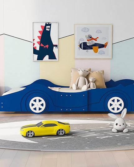 Car Shaped Toddler Bed with Wheels,Racecar Platform Beds W/Safety Guardrail,Slats Support,Stylish Design,Easy Assembly,Wood Twin Bedframe for Boys Toddlers Kids Teens Bedroom,Blue - LeafyLoom