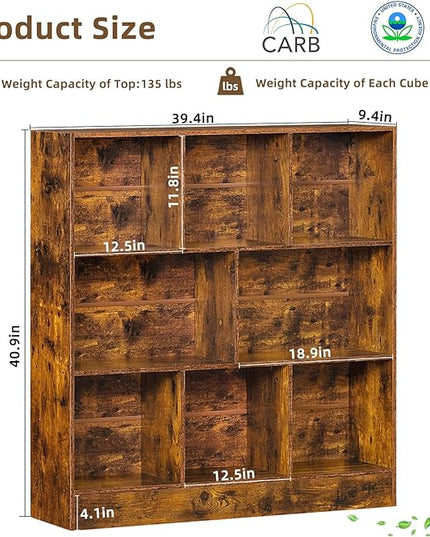 LEYAOYAO 8 Cube Bookshelf with Base,3 Tier Mid-Century Modern Brown Bookcase,Standing Wide Bookshelves Storage Organizer Shelf,Rustic Wood Display Cabinet Book Shelves for Bedroom,Living Room,Office - LeafyLoom