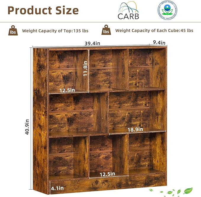 LEYAOYAO 8 Cube Bookshelf with Base,3 Tier Mid-Century Modern Brown Bookcase,Standing Wide Bookshelves Storage Organizer Shelf,Rustic Wood Display Cabinet Book Shelves for Bedroom,Living Room,Office - LeafyLoom