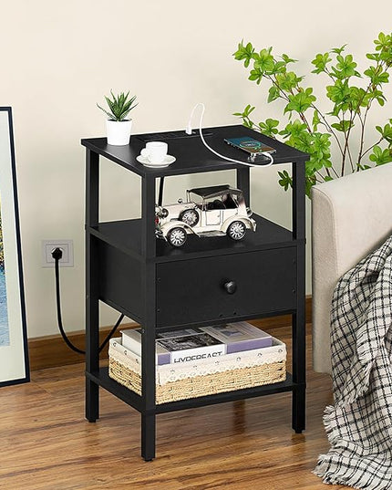 Lerliuo Nightstand with Charging Station and USB Ports, 3-Tier Storage End Table with Drawer Shelf, Night Stand for Small Spaces, Wood Bed Side Table for Living Room, Bedroom - Classic Black - LeafyLoom