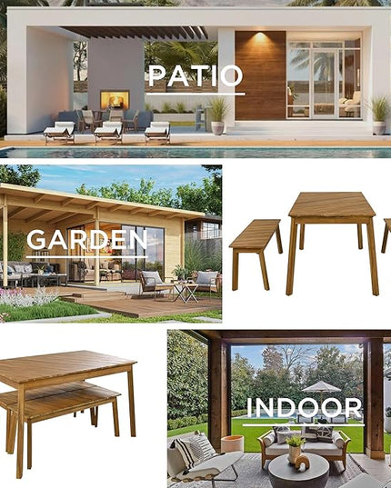 3-Pieces Patio Dining Set with Acacia Wood Tabletop and 2 Benches, Outdoor & Indoor Table and Chairs Furniture for Picnic Barbecue, Porch, Garden, Poolside, Onesize, Natural - LeafyLoom