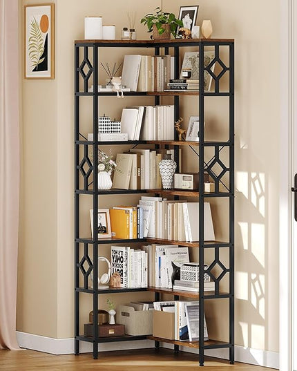 YITAHOME 7 Tier Corner Bookshelf Reversible Bookcase, Tall Bookshelf Display Rack Shelf with Metal Frame for Living Room, Bedroom, Home Office, Rustic Brown - LeafyLoom