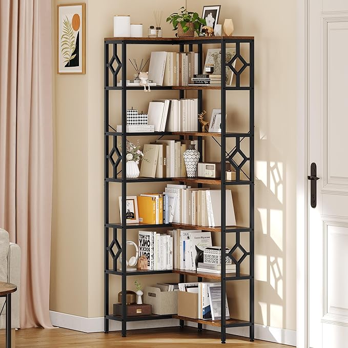 YITAHOME 7 Tier Corner Bookshelf Reversible Bookcase, Tall Bookshelf Display Rack Shelf with Metal Frame for Living Room, Bedroom, Home Office, Rustic Brown - LeafyLoom