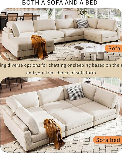 Free Combination Convertible Modular Sectional Sofa with Movable Ottomans , 163'' Oversized Corduroy Upholstered Sleeper Corner Couch Sofabed with Wooden Legs and Detachable Cushions for Living Room - LeafyLoom