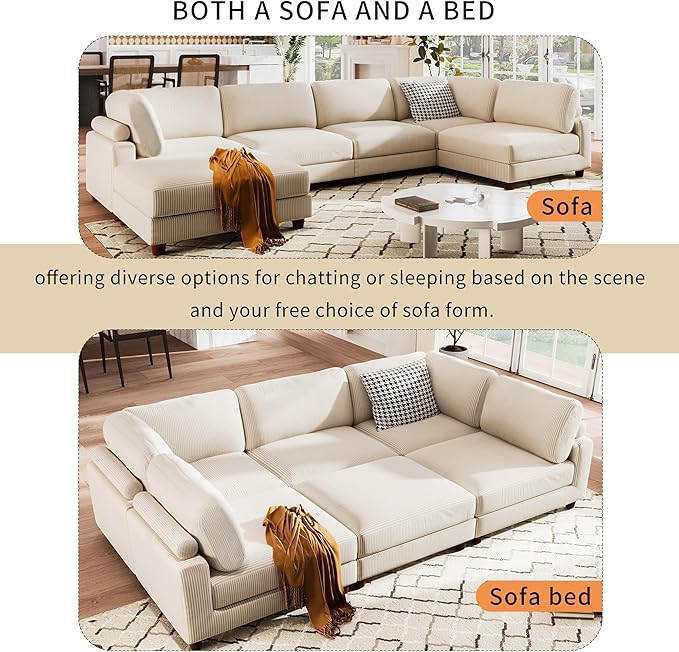 Free Combination Convertible Modular Sectional Sofa with Movable Ottomans , 163'' Oversized Corduroy Upholstered Sleeper Corner Couch Sofabed with Wooden Legs and Detachable Cushions for Living Room - LeafyLoom
