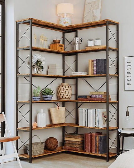 IRONCK 6-Shelf Corner Bookcase, Vintage Industrial Corner Bookshelf Etagere Bookcase, 6 Tier Corner Shelf Storage Rack with Metal Frame for Living Room Home Office - LeafyLoom