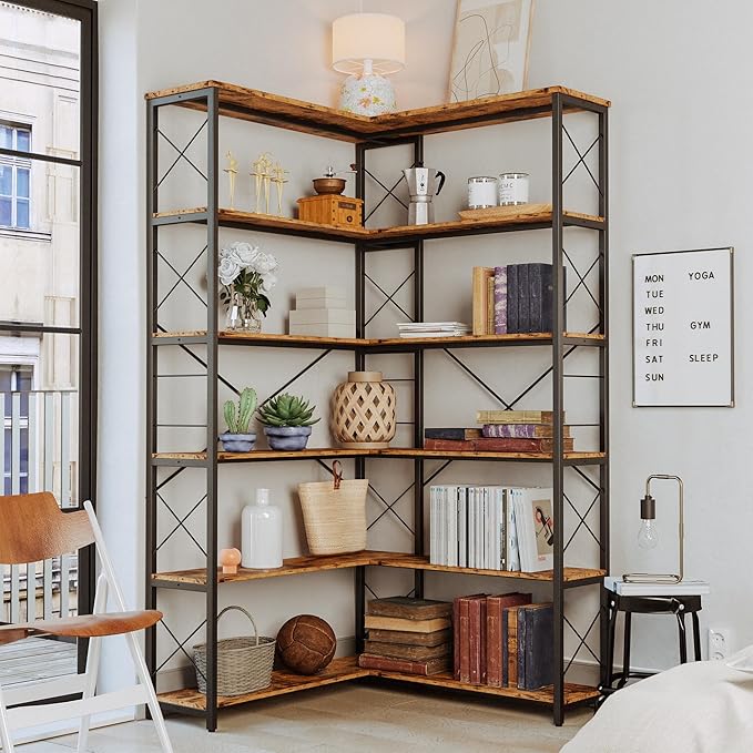 IRONCK 6-Shelf Corner Bookcase, Vintage Industrial Corner Bookshelf Etagere Bookcase, 6 Tier Corner Shelf Storage Rack with Metal Frame for Living Room Home Office - LeafyLoom