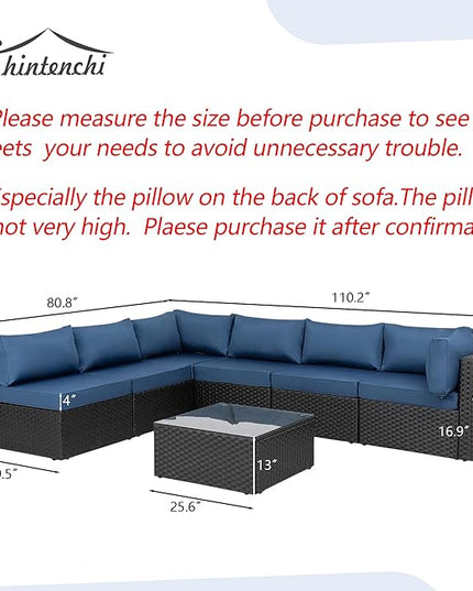 Shintenchi 7 Pieces Outdoor Patio Sectional Sofa Couch, Black Wicker Furniture Conversation Sets with Washable Cushions & Glass Coffee Table for Garden, Poolside, Backyard (Aegean Blue) - LeafyLoom