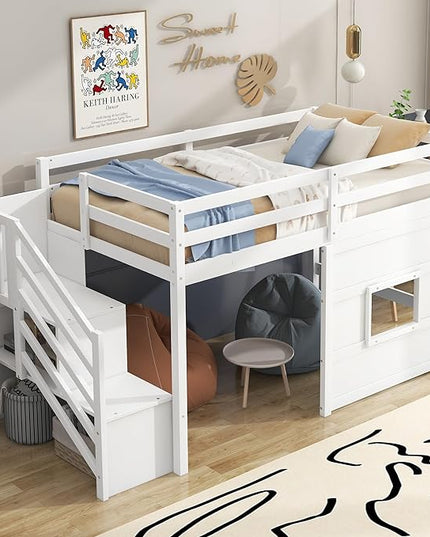 Twin Size Low Loft Bed with Storage Staircase,Kids Loft Bed Twin with Window,Space-Saving Low Loft Bed Frame for for Teens, Boys, Girls,White - LeafyLoom