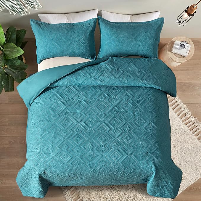 WONGS BEDDING Teal Comforter Set King Size(104“×90”), Boho Geometric Textured Bedding Comforter Sets - 3 Pieces Reversible Soft Microfiber Ultrasonic Bedding with 2 PillowCases - LeafyLoom