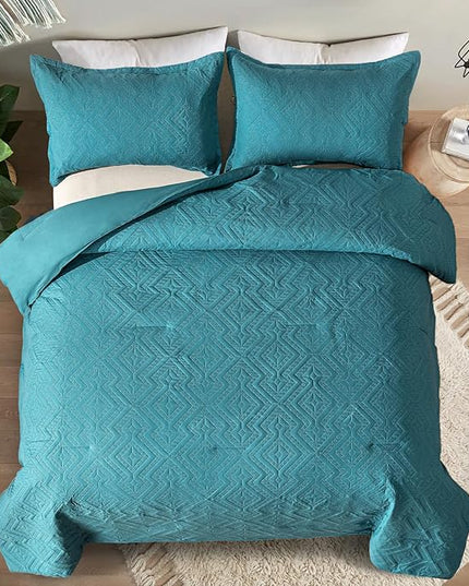 WONGS BEDDING Teal Comforter Set Queen Size(90“×90”), Boho Geometric Textured Bedding Comforter Sets - 3 Pieces Reversible Soft Microfiber Ultrasonic Bedding with 2 Pillowcases - LeafyLoom