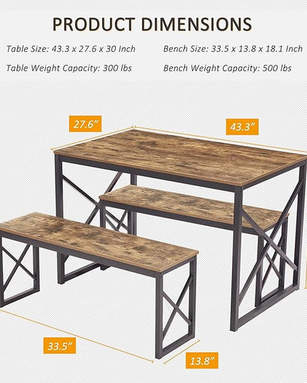 VECELO Kitchen Table with 2 Benches for 4, Wood Dining Room Dinette Sets with Metal Frame for Breakfast Nook and Small Space, 43.3", Brown - LeafyLoom