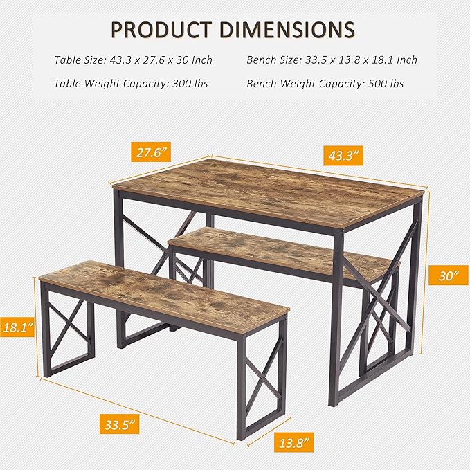 VECELO Kitchen Table with 2 Benches for 4, Wood Dining Room Dinette Sets with Metal Frame for Breakfast Nook and Small Space, 43.3", Brown - LeafyLoom