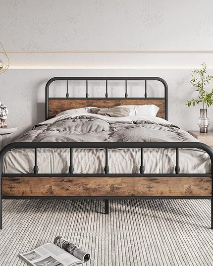 Full Size Metal Bed Frame with Rustic Vintage Wood Headboard and Footboard,Strong Metal Slats Support,No Box Spring Needed,Black - LeafyLoom