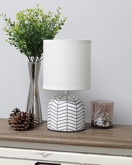 Simple Designs LT1137-WHT 10.43" Petite Contemporary Webbed Waves Base Bedside Table Desk Lamp w White Fabric Drum Shade for Home Decor, Bedroom, Living Room, Entryway, Office, White - LeafyLoom
