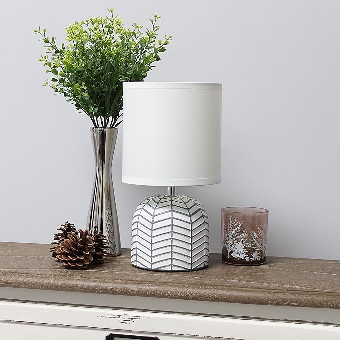 Simple Designs LT1137-WHT 10.43" Petite Contemporary Webbed Waves Base Bedside Table Desk Lamp w White Fabric Drum Shade for Home Decor, Bedroom, Living Room, Entryway, Office, White - LeafyLoom